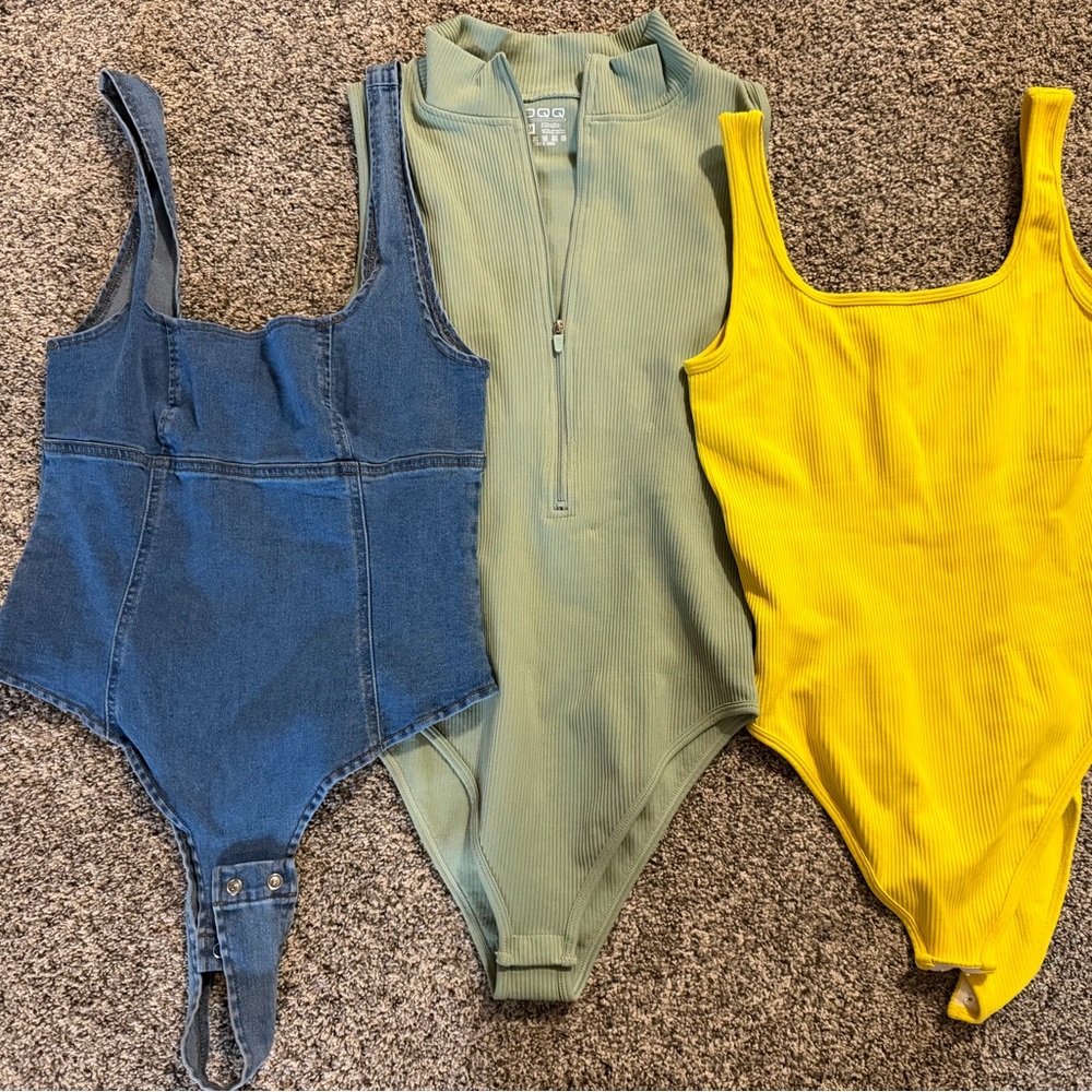 EUC LOT OF 3 bodysuits OQQ spring colors medium denim yellow green